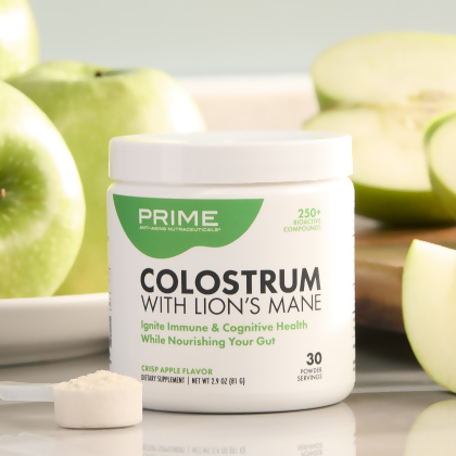 image of canister of Prime Colostrum with Lion's Mane and apples