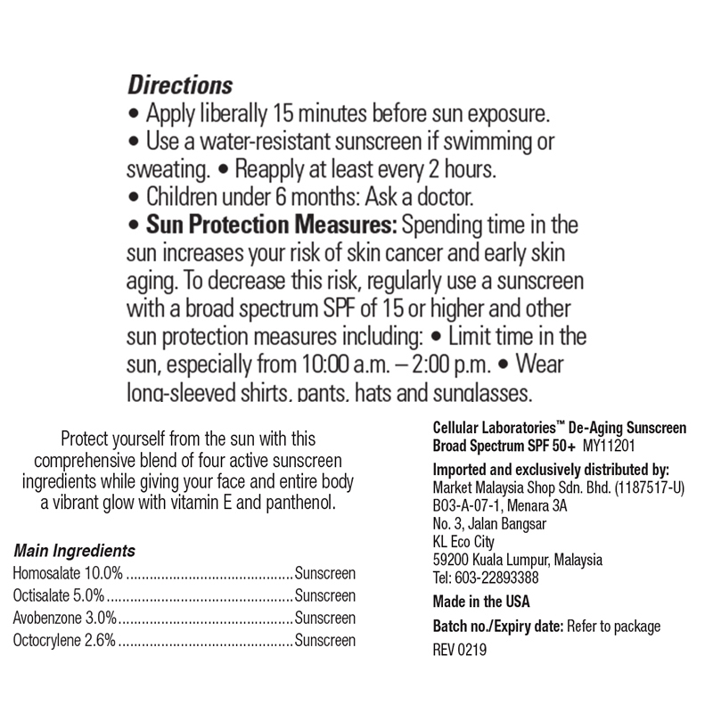 Cellular Laboratories&trade;De-Aging Sunscreen Broad Spectrum SPF 50+