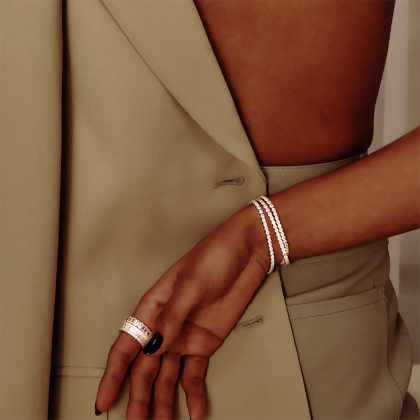 Closeup example of Layered bracelet and MICHAEL - Mixed Cut Eternity Band