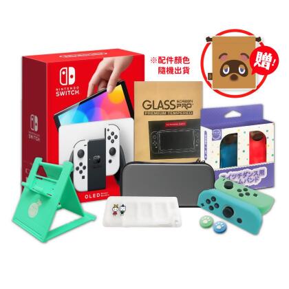 ［御玩家］NS Switch OLED主機(三選一)+包+貼+卡夾盒+矽膠套+直立架+手把綁帶+動森束口袋/ 白 
