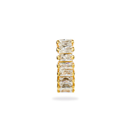 Layered GEO - Mini Baguette Huggie Earrings, in gold with clear gems, closeup and straight-on view of gems