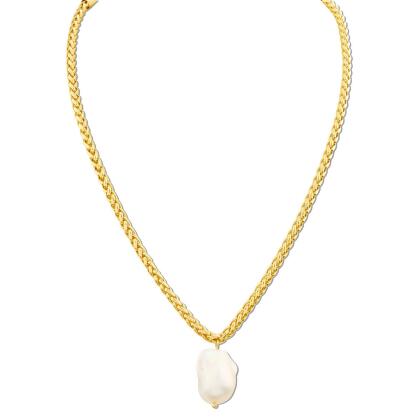 PERLA – Freshwater Pearl Pendant Wheat Chain Necklace 