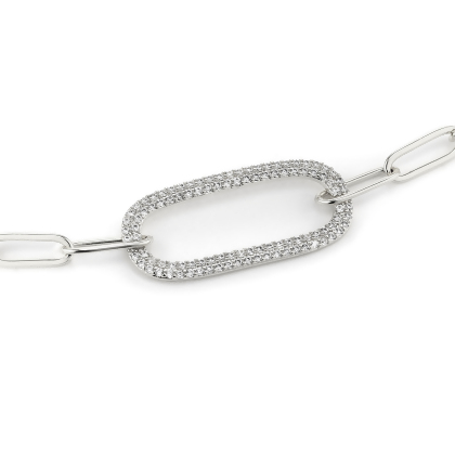 Closeup of Layered MARIA Paperclip Necklace With Pave Oval Link, in silver