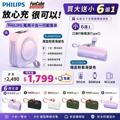 【PHILIPS 買大送小 6選1 優惠組】 (大)萬用十合一行動電源 粉紫漸變 DLP4347CM-E 此組合不含【萬國轉接頭組】 