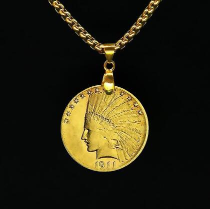 【1911印第安人項鏈】10刀鷹洋金幣紀念章 復古金項鏈鎖骨鏈錢幣 