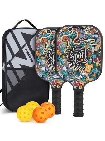 【套裝組】塗鴉款玻璃纖維皮克球拍套裝pickleball運動(塗鴉款,套裝（1個包+2個球拍+4個球）) 