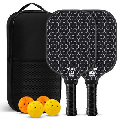 【套裝組】塗鴉款玻璃纖維皮克球拍套裝pickleball運動(蜂巢黑色,套裝（1個包+2個球拍+4個球）) 